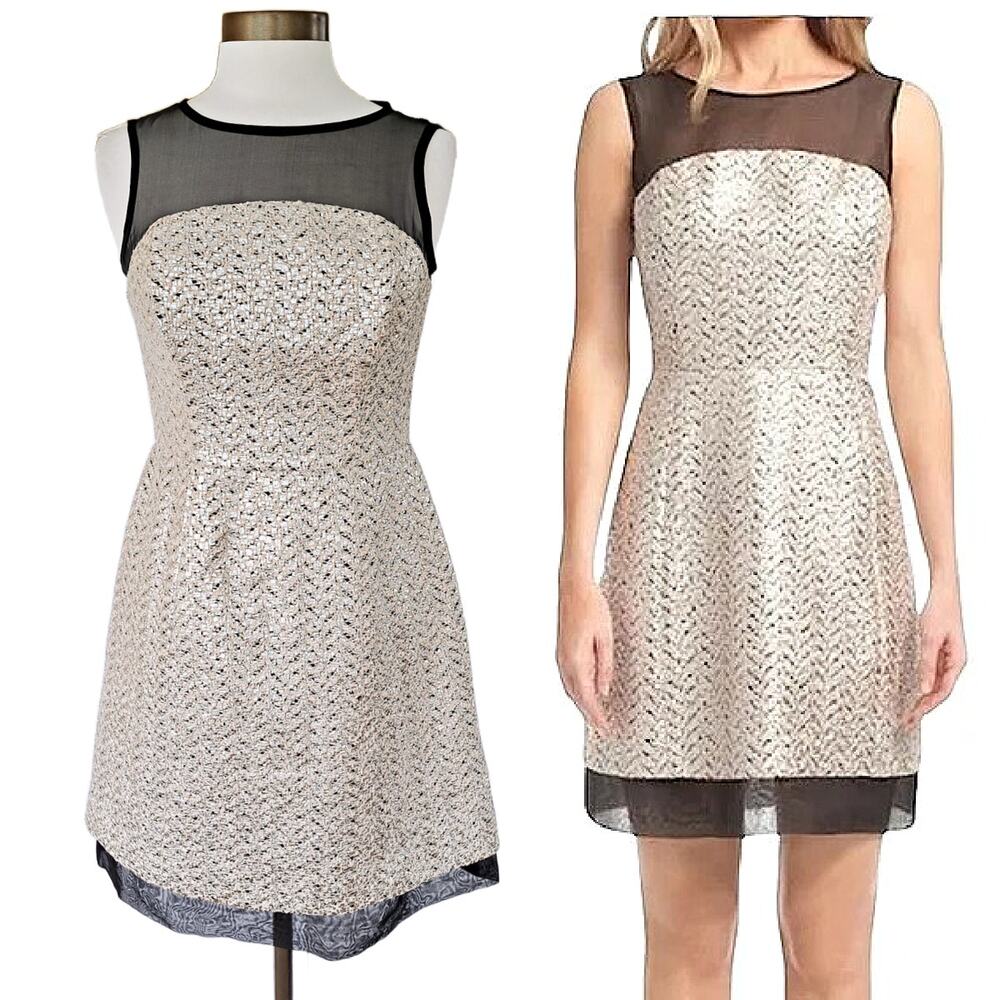 Shoshanna Metallic Tweed Silk Party Dress Sz 6 Sleeveless Cocktail Silver Black